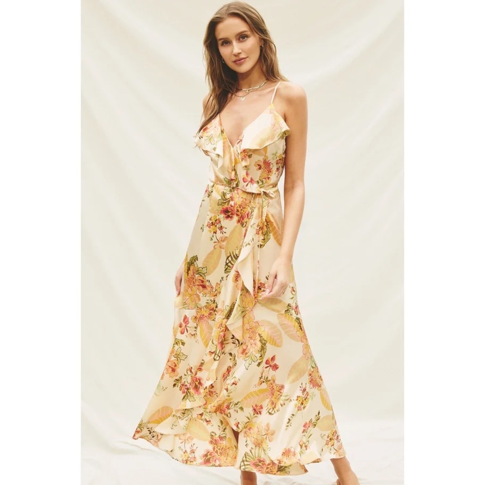 Dress Forum Cream Floral Wrap Dress with Yellow and Pink Accents